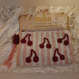 NWT Wandering Moon India Handmade Pink Stripped Beaded Red Cherry Coin Purse